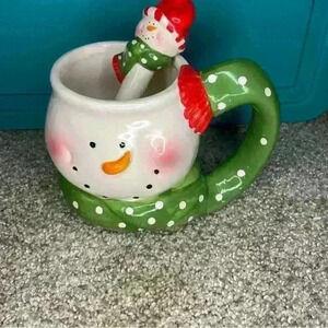 Christmas Snowman Coffe Mug Cup and Spoon Dark Green/White Snow Winter Ceramic